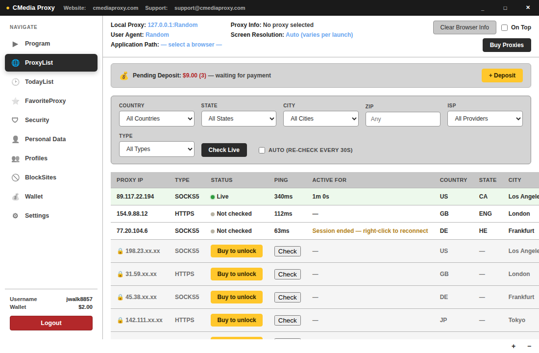 CMediaProxy desktop app -- ProxyList tab