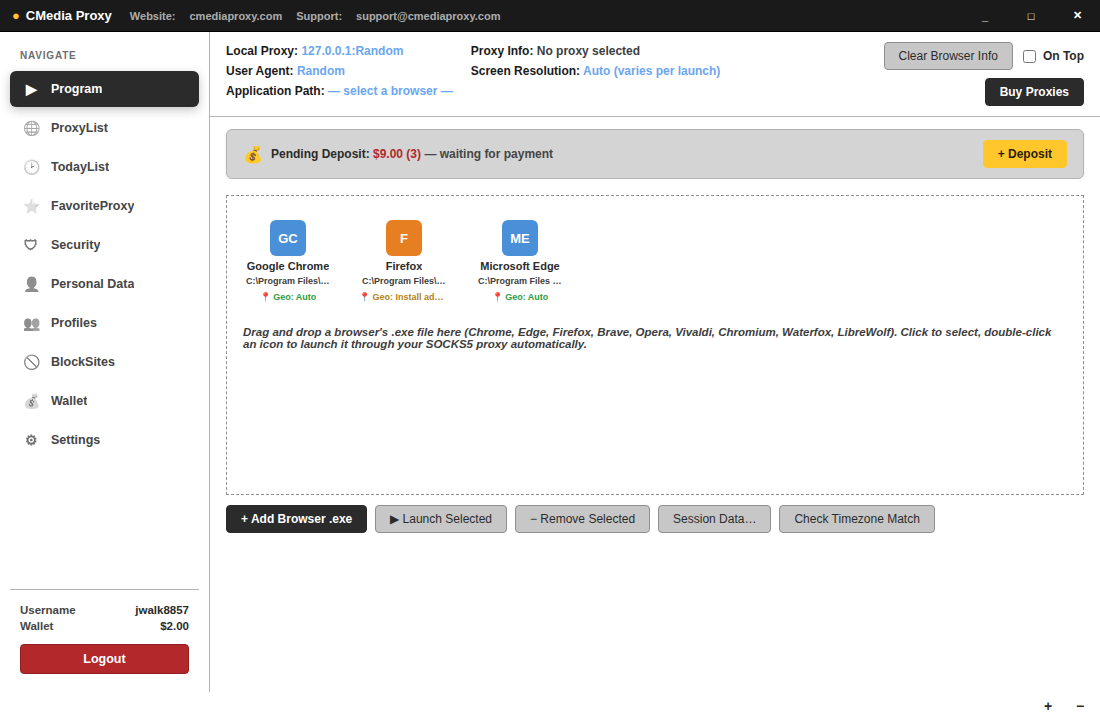 Program tab -- launch any browser through your proxy